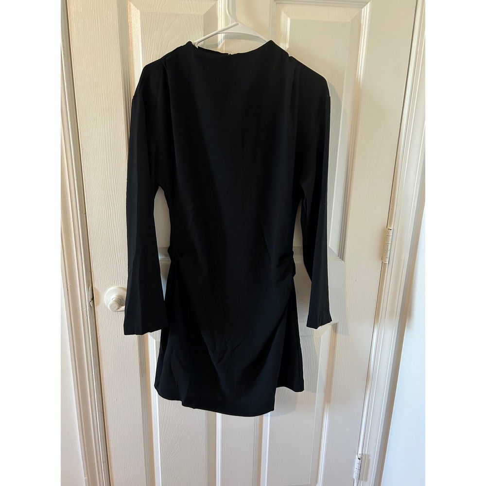 H&M Black Long Sleeve Mini Dress Mock Neck Side Ruched Crepe NWT Size S
